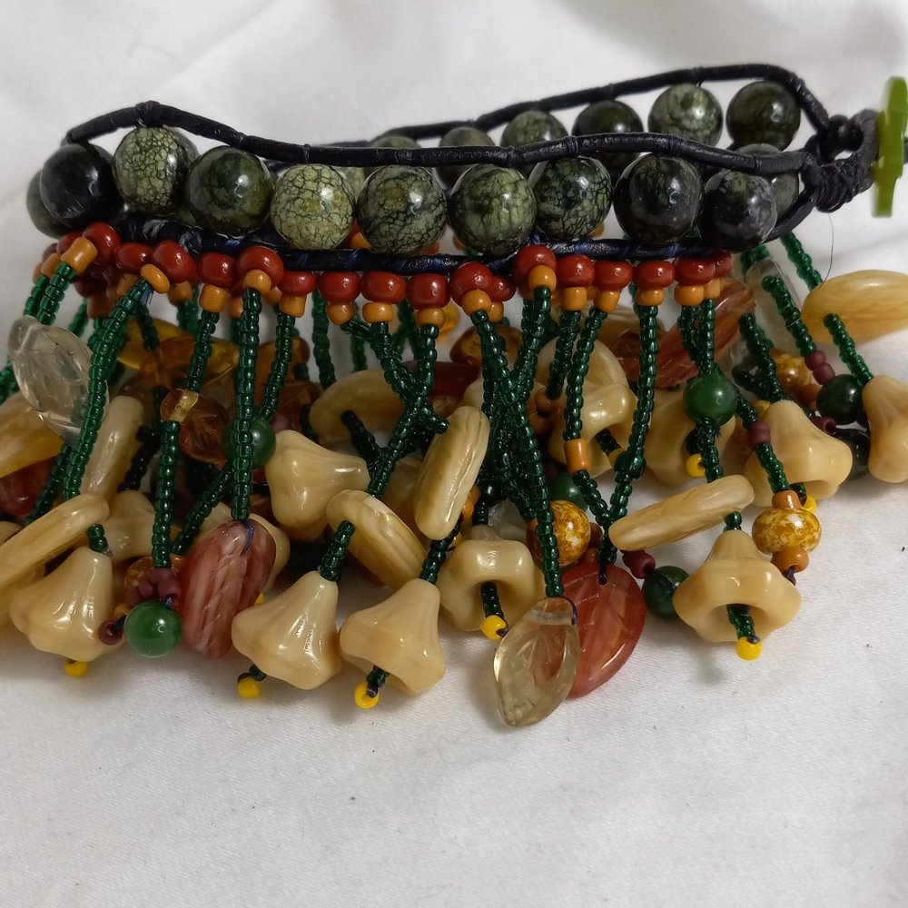 Woven Bracelet w/Green Jasper, Fringe w/Leaves, Flowers; Vintage Button